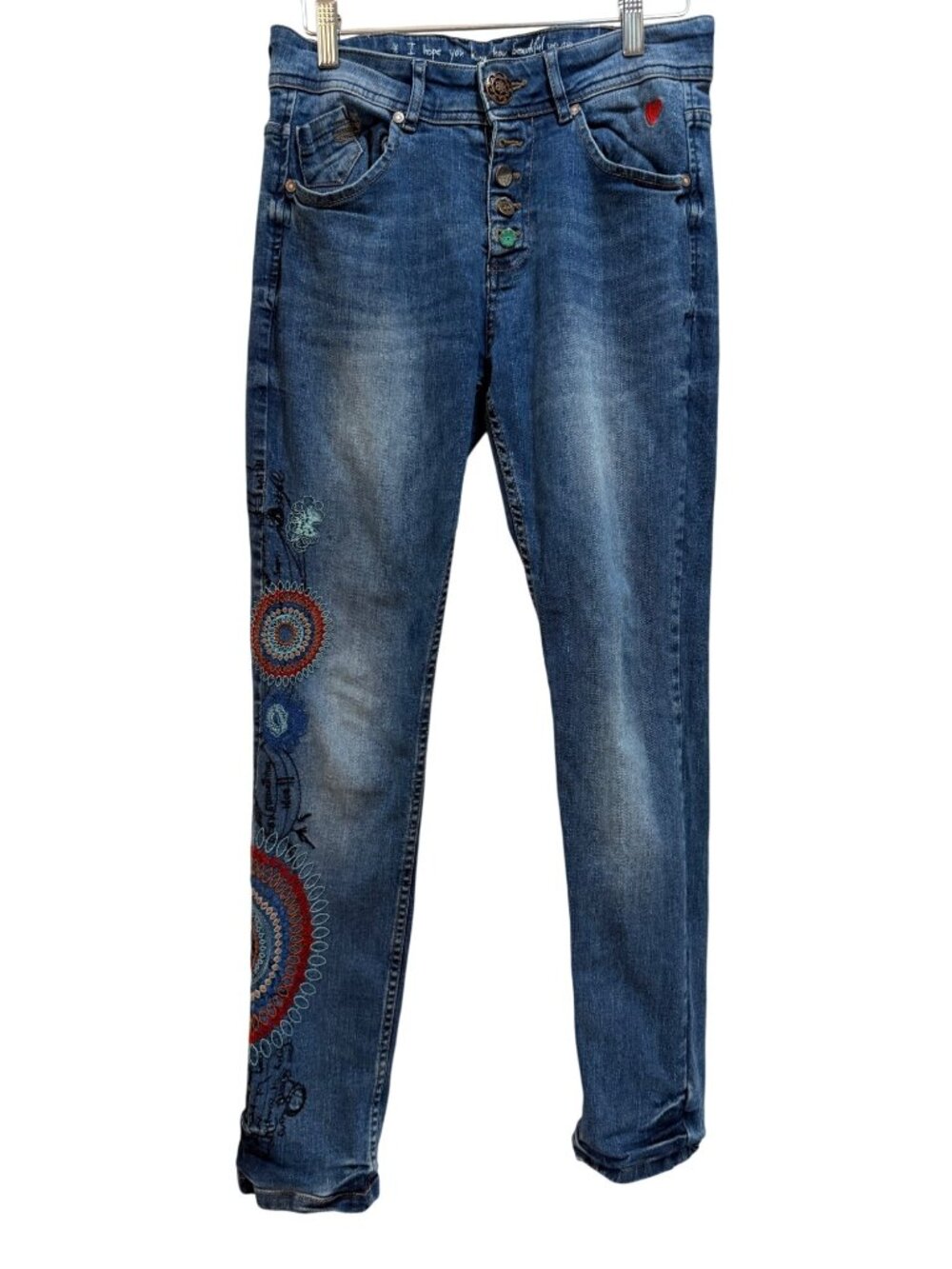 DESIGUAL Y2K Embroidered Gero Boyfriend Mandala Jeans Boho SZ 26 Waist